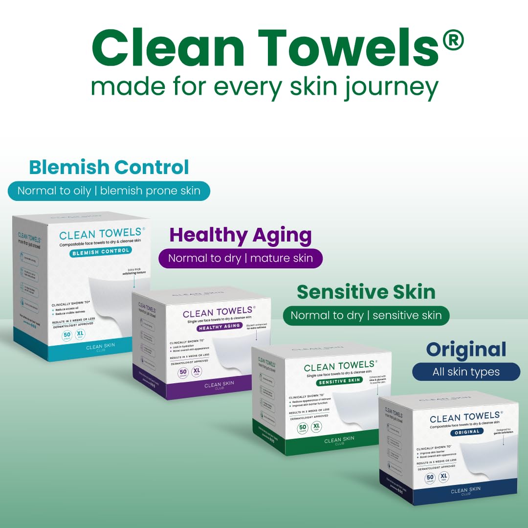 Sensitive Skin Clean Towels® XL, Ultra-Soft Disposable Face Dry Wipes Infused with Aloe & Glycerin, XL - 1 Pack (50 Count)