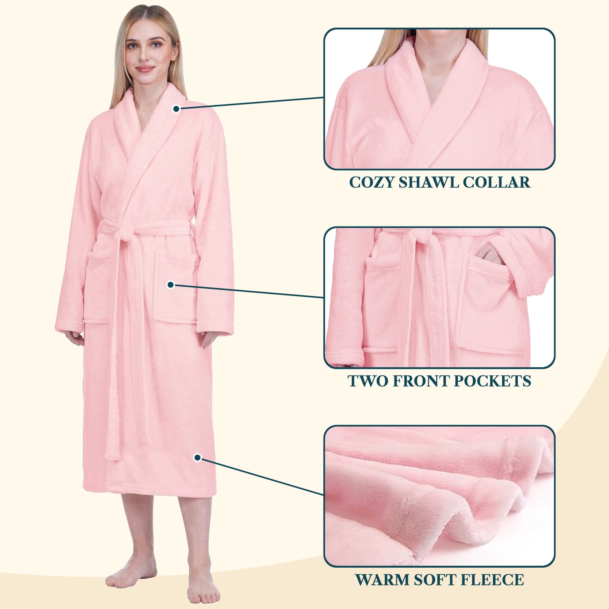 Pink Women Robe Fleece Plush Soft, Fluffy Fuzzy Cozy Warm Lightweight Bathrobe, Shower Spa House Long Robe for Women, S/M