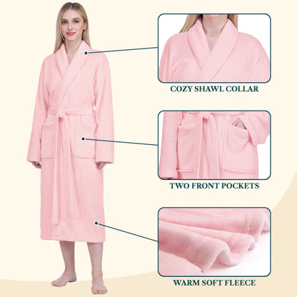 Pink Women Robe Fleece Plush Soft, Fluffy Fuzzy Cozy Warm Lightweight Bathrobe, Shower Spa House Long Robe for Women, S/M