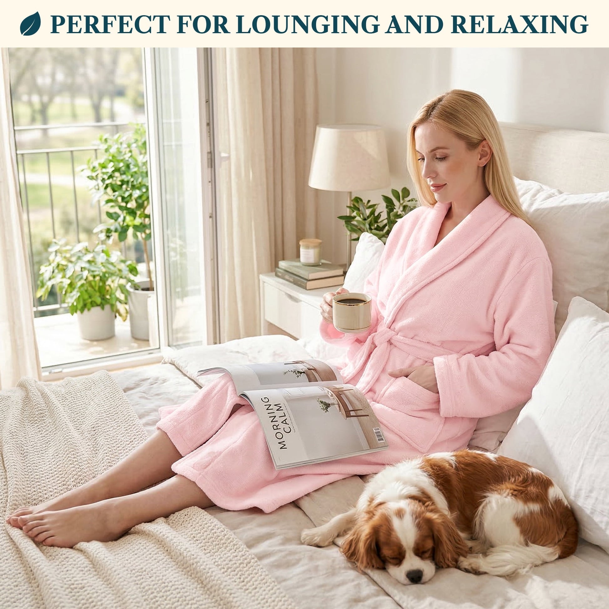 Pink Women Robe Fleece Plush Soft, Fluffy Fuzzy Cozy Warm Lightweight Bathrobe, Shower Spa House Long Robe for Women, S/M