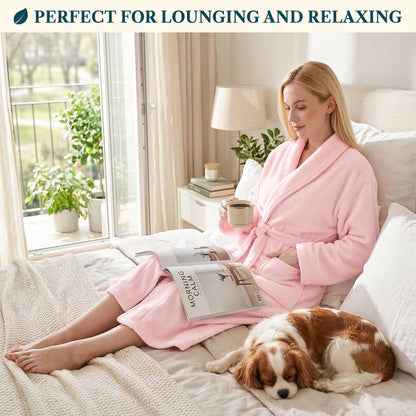 Pink Women Robe Fleece Plush Soft, Fluffy Fuzzy Cozy Warm Lightweight Bathrobe, Shower Spa House Long Robe for Women, S/M