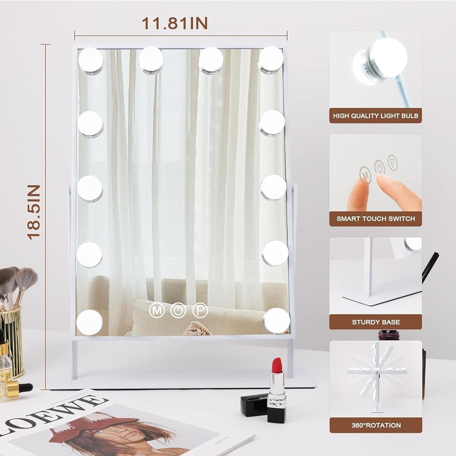 Vanity Mirror with Lights Makeup Mirror with Lights 12 Dimmable Bulbs Hollywood Lighted Makeup Mirror Detachable 10X Magnification 3 Color Lighting Modes
