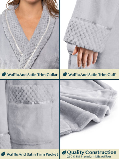 Soft Plush Women Fleece Robe, Light Grey Cozy Bathrobe, Female Long Spa Robe, Warm Housecoat, Satin Waffle Trim, S/M