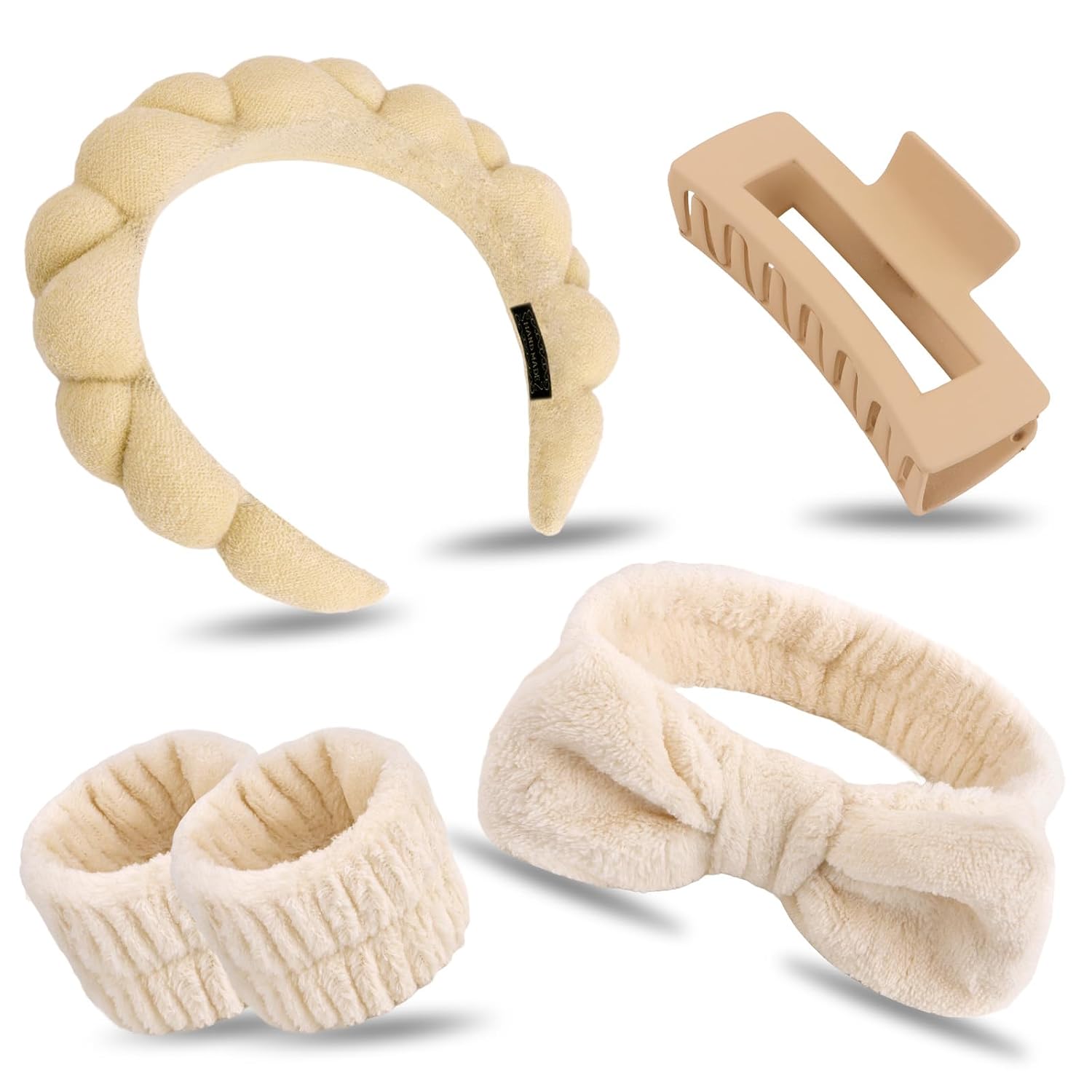 Spa Headband & Wristband Set for Washing Face Facial Skincare Makeup Headband Puffy Sponge Bubble Head Band Bow Tie Hair Band Wrist Towels Hair Clips Women Girls Accessories Gifts(Khaki)