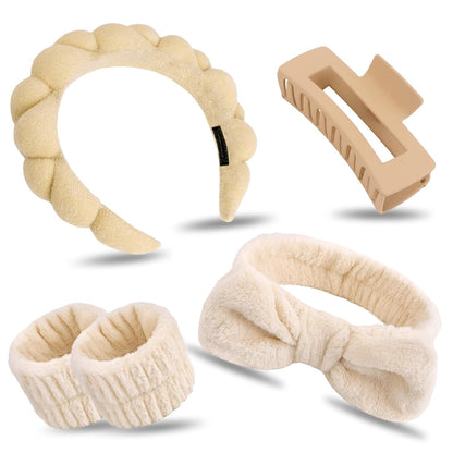 Spa Headband & Wristband Set for Washing Face Facial Skincare Makeup Headband Puffy Sponge Bubble Head Band Bow Tie Hair Band Wrist Towels Hair Clips Women Girls Accessories Gifts(Khaki)
