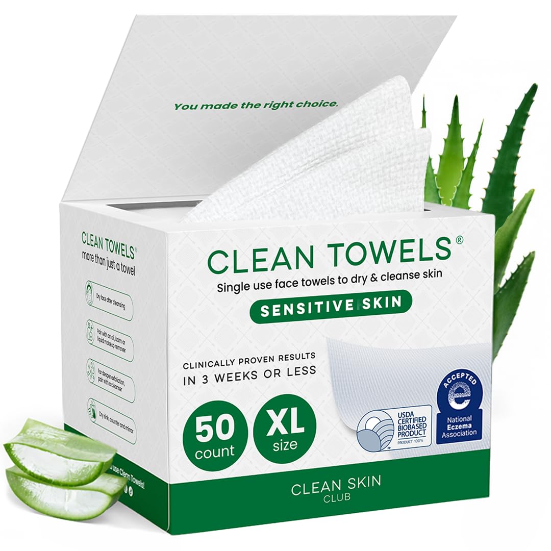 Sensitive Skin Clean Towels® XL, Ultra-Soft Disposable Face Dry Wipes Infused with Aloe & Glycerin, XL - 1 Pack (50 Count)