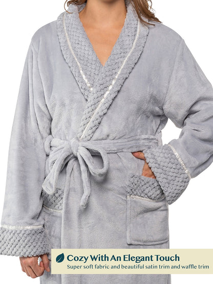 Soft Plush Women Fleece Robe, Light Grey Cozy Bathrobe, Female Long Spa Robe, Warm Housecoat, Satin Waffle Trim, S/M