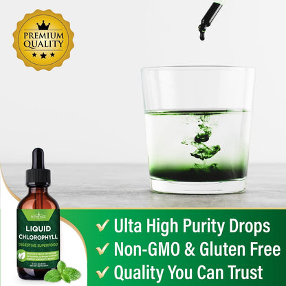 Chlorophyll Liquid Drops - Natural Concentrate – Energy Booster, Digestion and Immune System Supports, Internal Deodorant, Liver Function - (2 Fl Oz (Pack of 1))