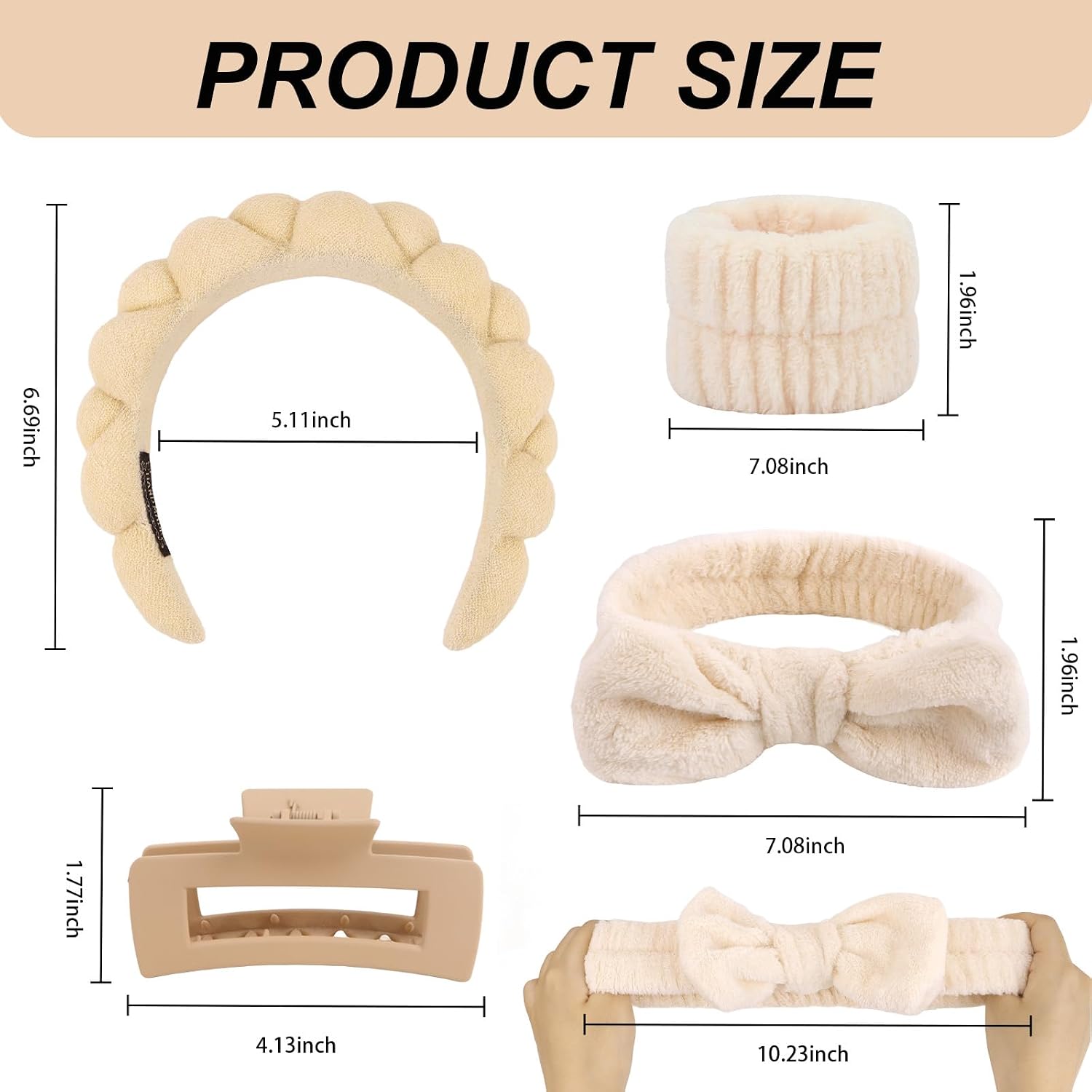 Spa Headband & Wristband Set for Washing Face Facial Skincare Makeup Headband Puffy Sponge Bubble Head Band Bow Tie Hair Band Wrist Towels Hair Clips Women Girls Accessories Gifts(Khaki)