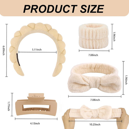 Spa Headband & Wristband Set for Washing Face Facial Skincare Makeup Headband Puffy Sponge Bubble Head Band Bow Tie Hair Band Wrist Towels Hair Clips Women Girls Accessories Gifts(Khaki)