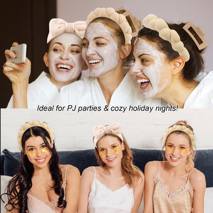 Spa Headband & Wristband Set for Washing Face Facial Skincare Makeup Headband Puffy Sponge Bubble Head Band Bow Tie Hair Band Wrist Towels Hair Clips Women Girls Accessories Gifts(Khaki)