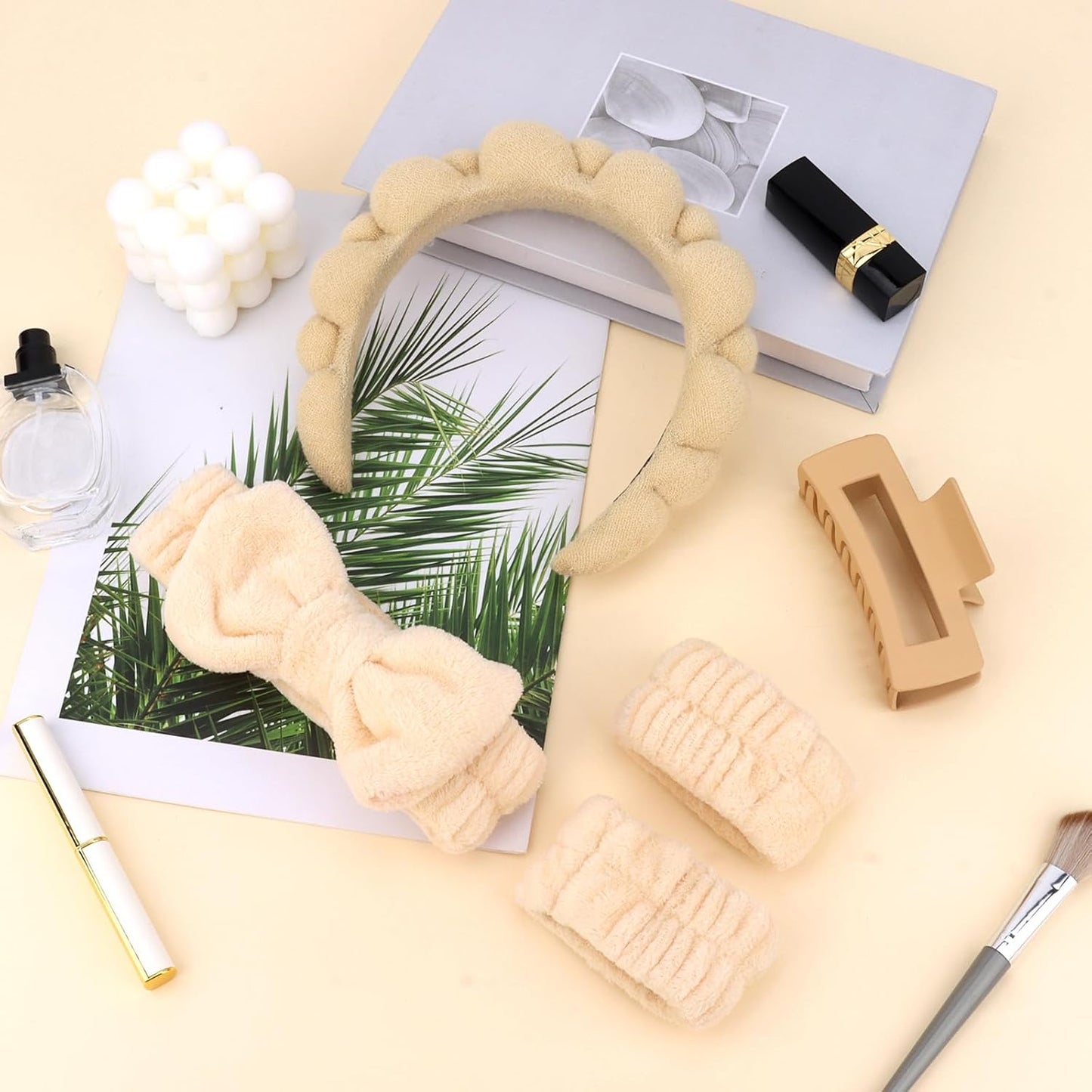 Spa Headband & Wristband Set for Washing Face Facial Skincare Makeup Headband Puffy Sponge Bubble Head Band Bow Tie Hair Band Wrist Towels Hair Clips Women Girls Accessories Gifts(Khaki)