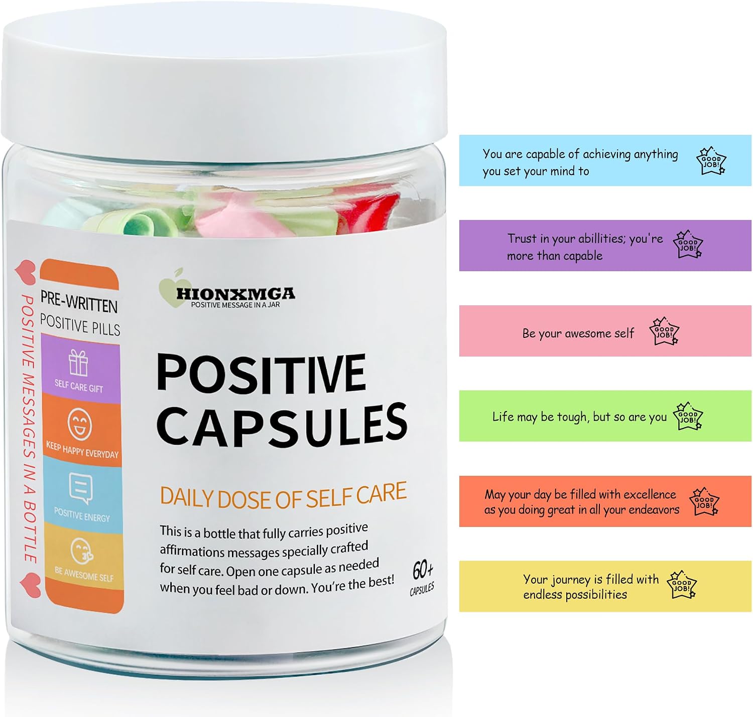Positive Messages in a Bottle (60+ Positive Affirmations), Self Care Gifts for Women Men, Daily Positivity Self Care Kit with Pre-Written Inspirational Messages for Relaxation Mindful Calm