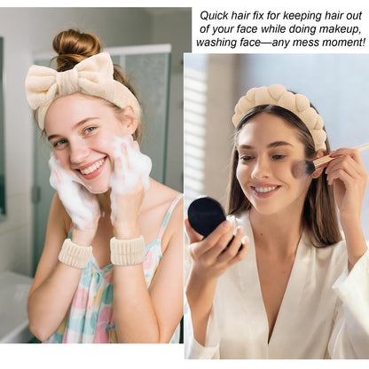 Spa Headband & Wristband Set for Washing Face Facial Skincare Makeup Headband Puffy Sponge Bubble Head Band Bow Tie Hair Band Wrist Towels Hair Clips Women Girls Accessories Gifts(Khaki)