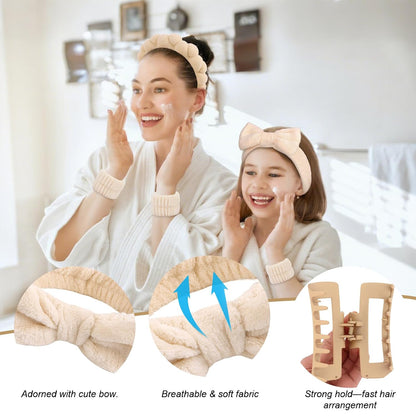 Spa Headband & Wristband Set for Washing Face Facial Skincare Makeup Headband Puffy Sponge Bubble Head Band Bow Tie Hair Band Wrist Towels Hair Clips Women Girls Accessories Gifts(Khaki)