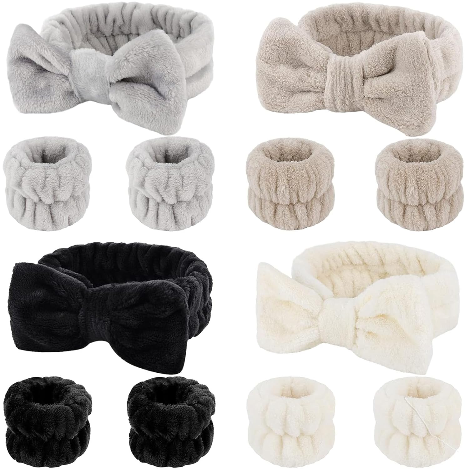 12 PCS Face Wash Headband Wristband Sets for Women and Girls | Soft Microfiber Spa Hair Wraps, Makeup Skincare Headbands, Wrist Bands for Washing Face, Black, Gray, Light Coffee, Beige
