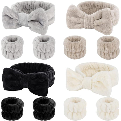 12 PCS Face Wash Headband Wristband Sets for Women and Girls | Soft Microfiber Spa Hair Wraps, Makeup Skincare Headbands, Wrist Bands for Washing Face, Black, Gray, Light Coffee, Beige