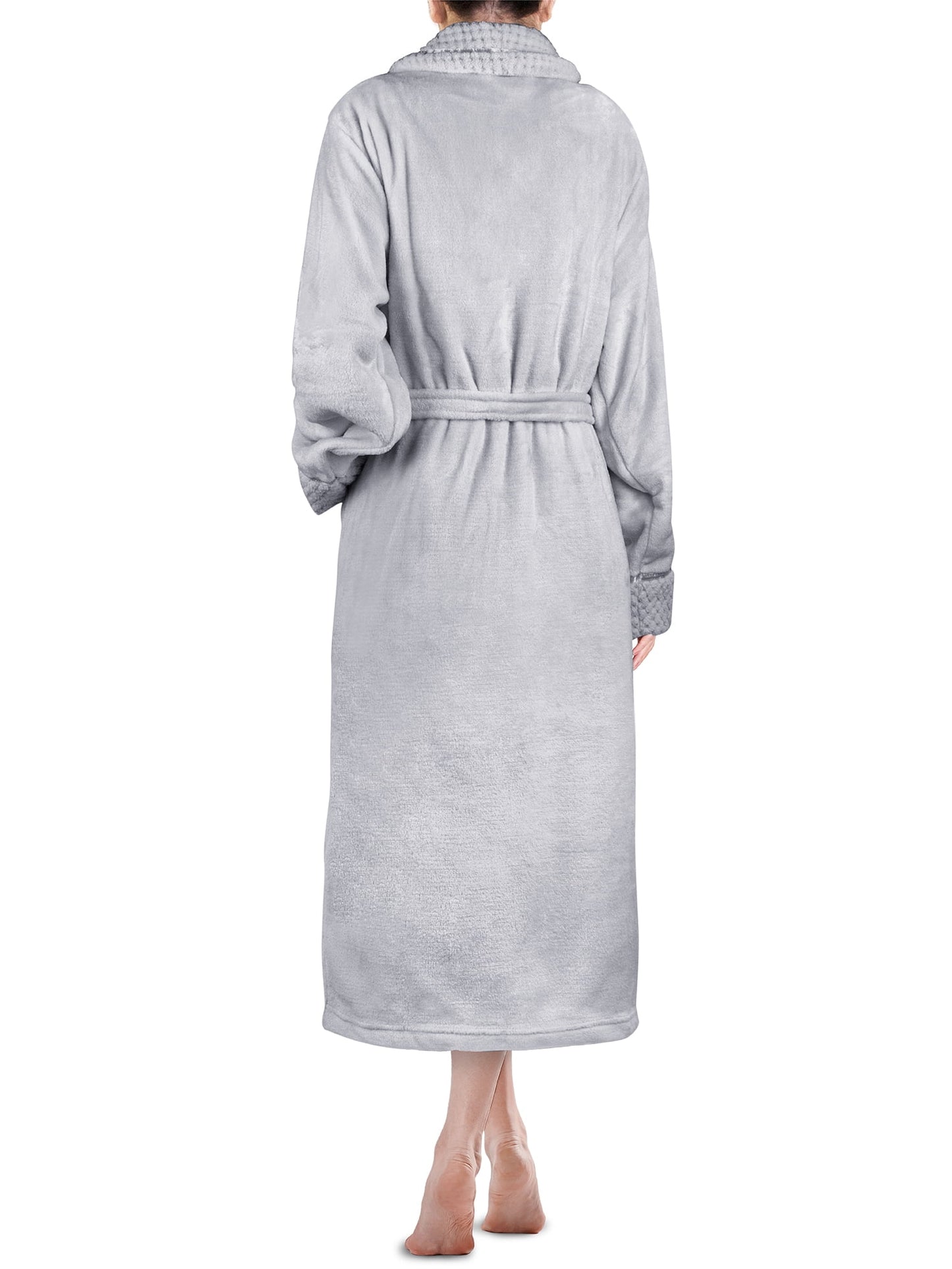 Soft Plush Women Fleece Robe, Light Grey Cozy Bathrobe, Female Long Spa Robe, Warm Housecoat, Satin Waffle Trim, S/M