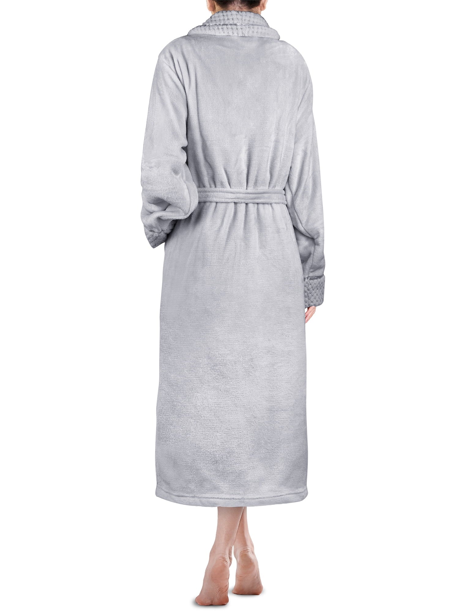 Soft Plush Women Fleece Robe, Light Grey Cozy Bathrobe, Female Long Spa Robe, Warm Housecoat, Satin Waffle Trim, S/M