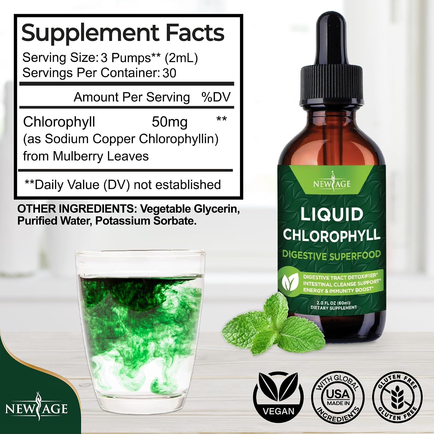 Chlorophyll Liquid Drops - Natural Concentrate – Energy Booster, Digestion and Immune System Supports, Internal Deodorant, Liver Function - (2 Fl Oz (Pack of 1))