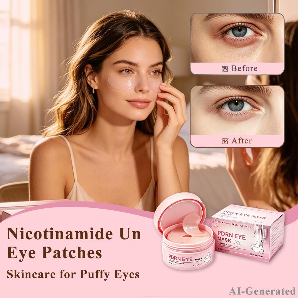 Nicotinamide under Eye Patches (60 Pairs),Pdrn Retinal Eye Patches, Skincare for Puffy Eyes,Fine Lines,Dark Circles,Bags & Wrinkles with Collagen & Hyaluronic Acid (Light Pink)