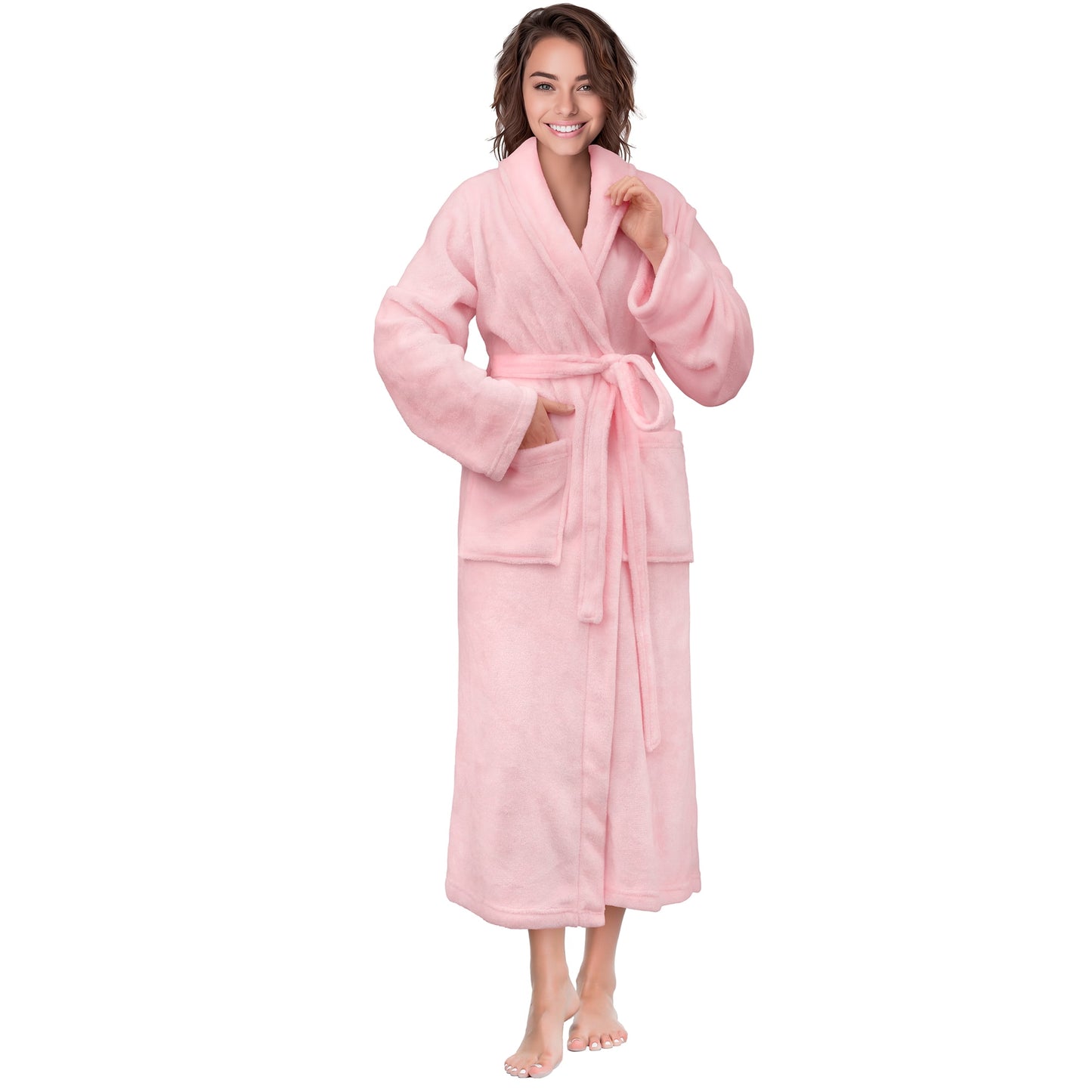 Pink Women Robe Fleece Plush Soft, Fluffy Fuzzy Cozy Warm Lightweight Bathrobe, Shower Spa House Long Robe for Women, S/M