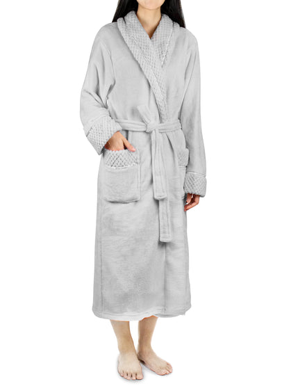 Soft Plush Women Fleece Robe, Light Grey Cozy Bathrobe, Female Long Spa Robe, Warm Housecoat, Satin Waffle Trim, S/M