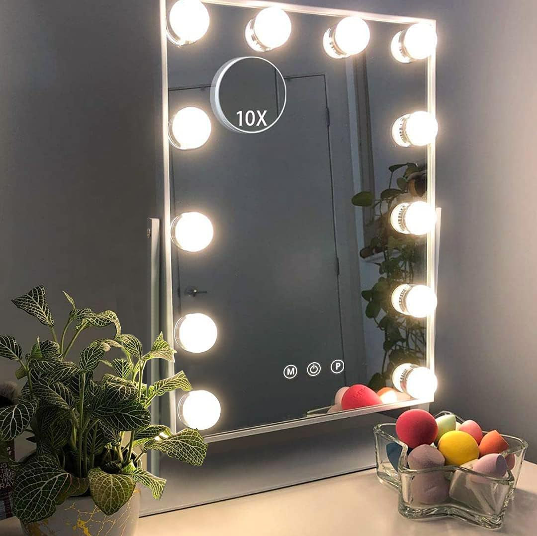 Vanity Mirror with Lights Makeup Mirror with Lights 12 Dimmable Bulbs Hollywood Lighted Makeup Mirror Detachable 10X Magnification 3 Color Lighting Modes