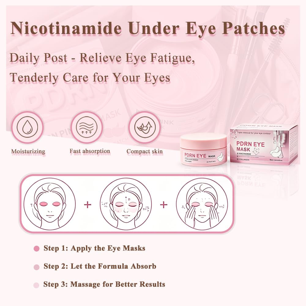 Nicotinamide under Eye Patches (60 Pairs),Pdrn Retinal Eye Patches, Skincare for Puffy Eyes,Fine Lines,Dark Circles,Bags & Wrinkles with Collagen & Hyaluronic Acid (Light Pink)