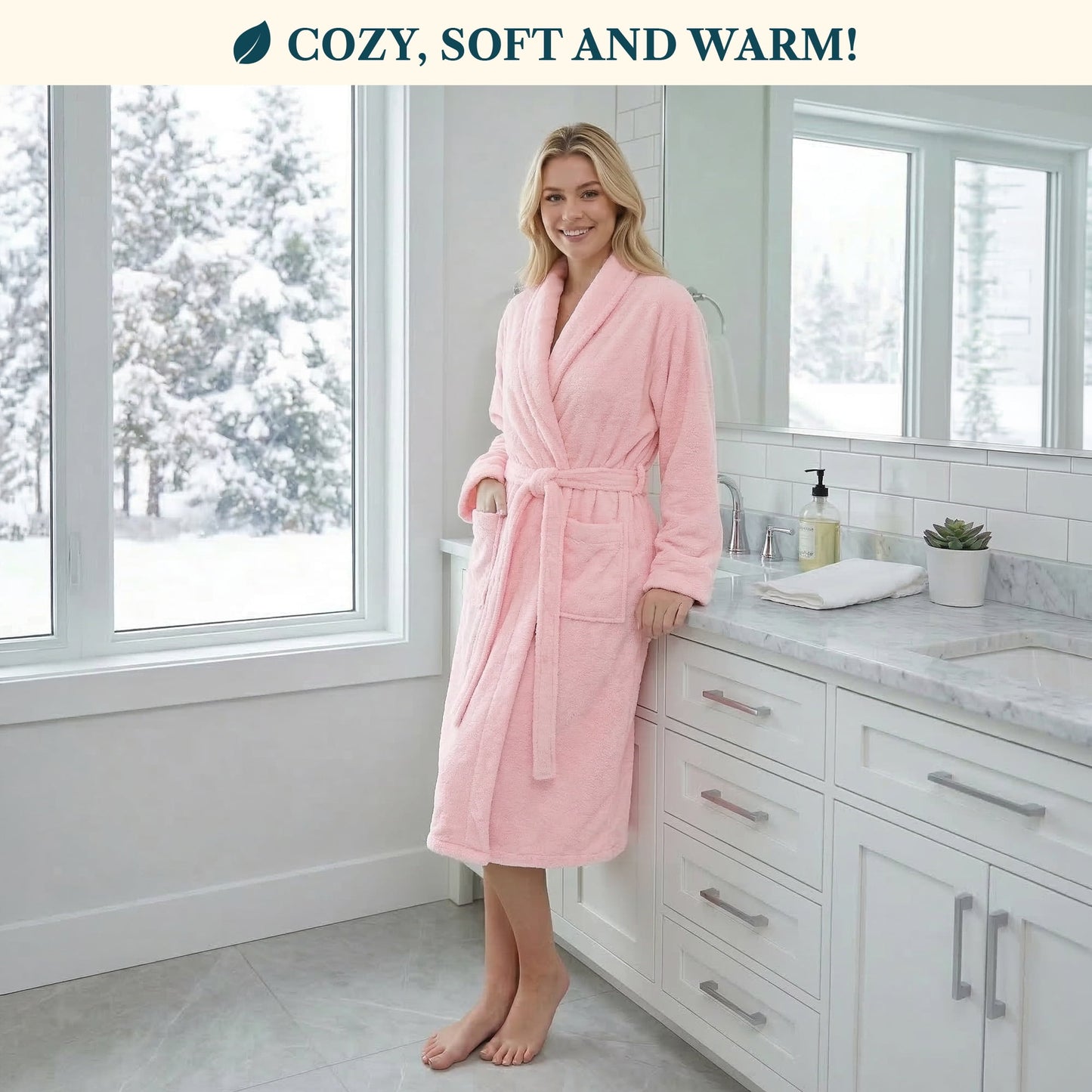Pink Women Robe Fleece Plush Soft, Fluffy Fuzzy Cozy Warm Lightweight Bathrobe, Shower Spa House Long Robe for Women, S/M