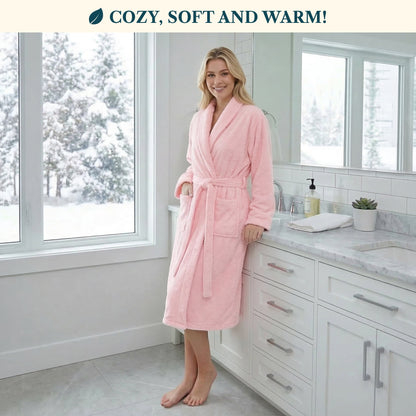 Pink Women Robe Fleece Plush Soft, Fluffy Fuzzy Cozy Warm Lightweight Bathrobe, Shower Spa House Long Robe for Women, S/M