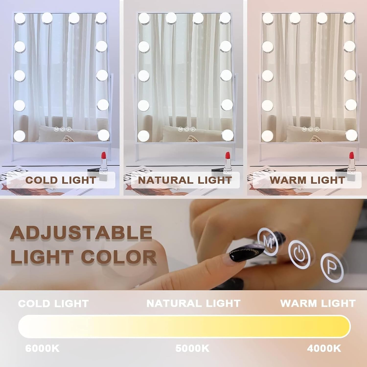 Vanity Mirror with Lights Makeup Mirror with Lights 12 Dimmable Bulbs Hollywood Lighted Makeup Mirror Detachable 10X Magnification 3 Color Lighting Modes