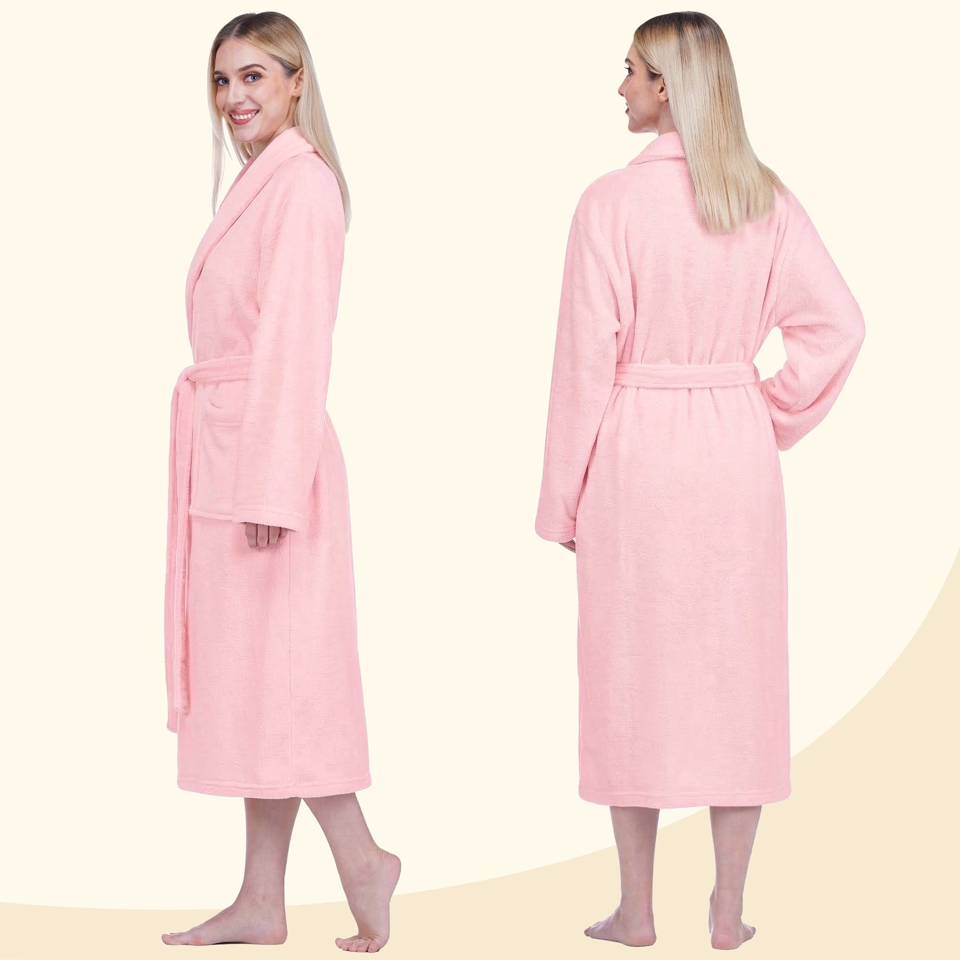 Pink Women Robe Fleece Plush Soft, Fluffy Fuzzy Cozy Warm Lightweight Bathrobe, Shower Spa House Long Robe for Women, S/M